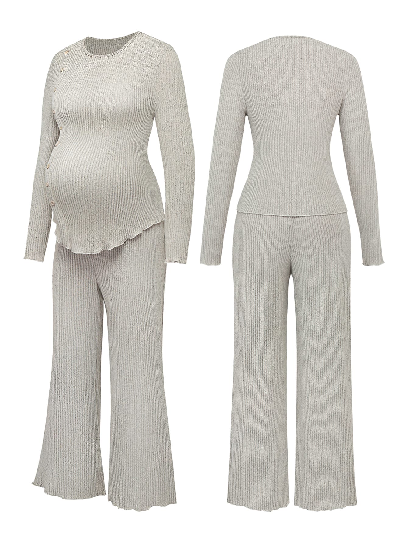 Conjunto Gestante Canelado Blusa Manga Longa e Calça Pantalona - Cinza claro