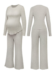 Conjunto Gestante Canelado Blusa Manga Longa e Calça Pantalona - Cinza claro