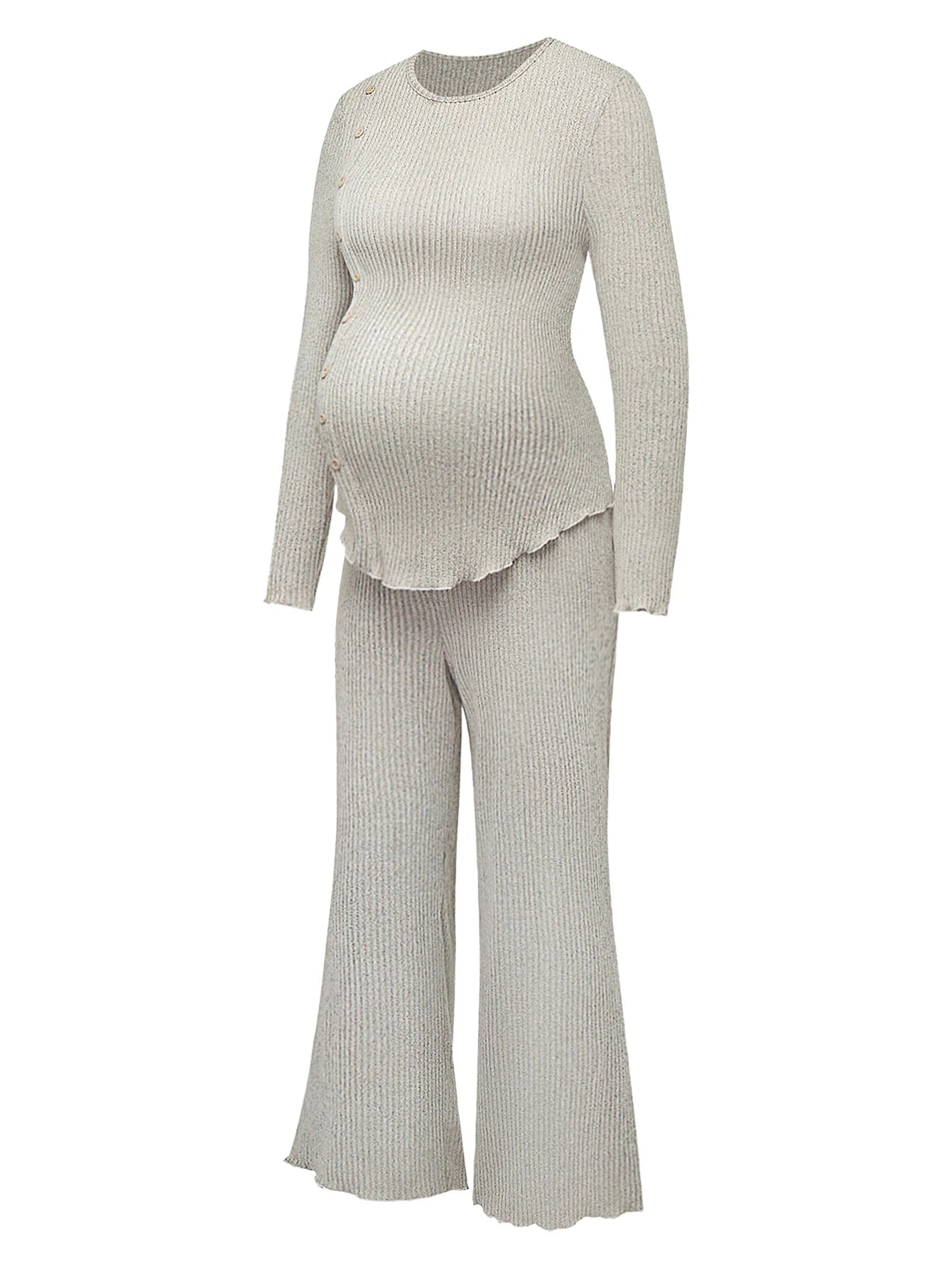 Conjunto Gestante Canelado Blusa Manga Longa e Calça Pantalona - Cinza claro