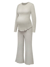 Conjunto Gestante Canelado Blusa Manga Longa e Calça Pantalona - Cinza claro