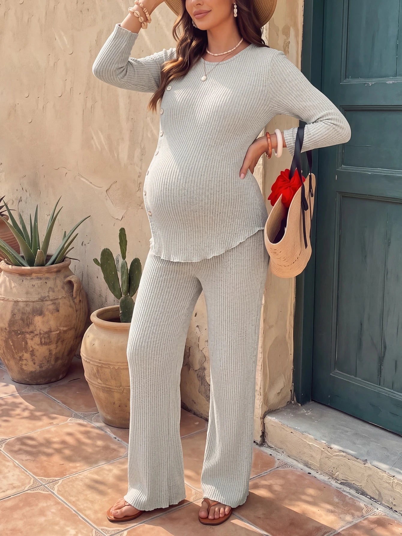Conjunto Gestante Canelado Blusa Manga Longa e Calça Pantalona - Cinza claro