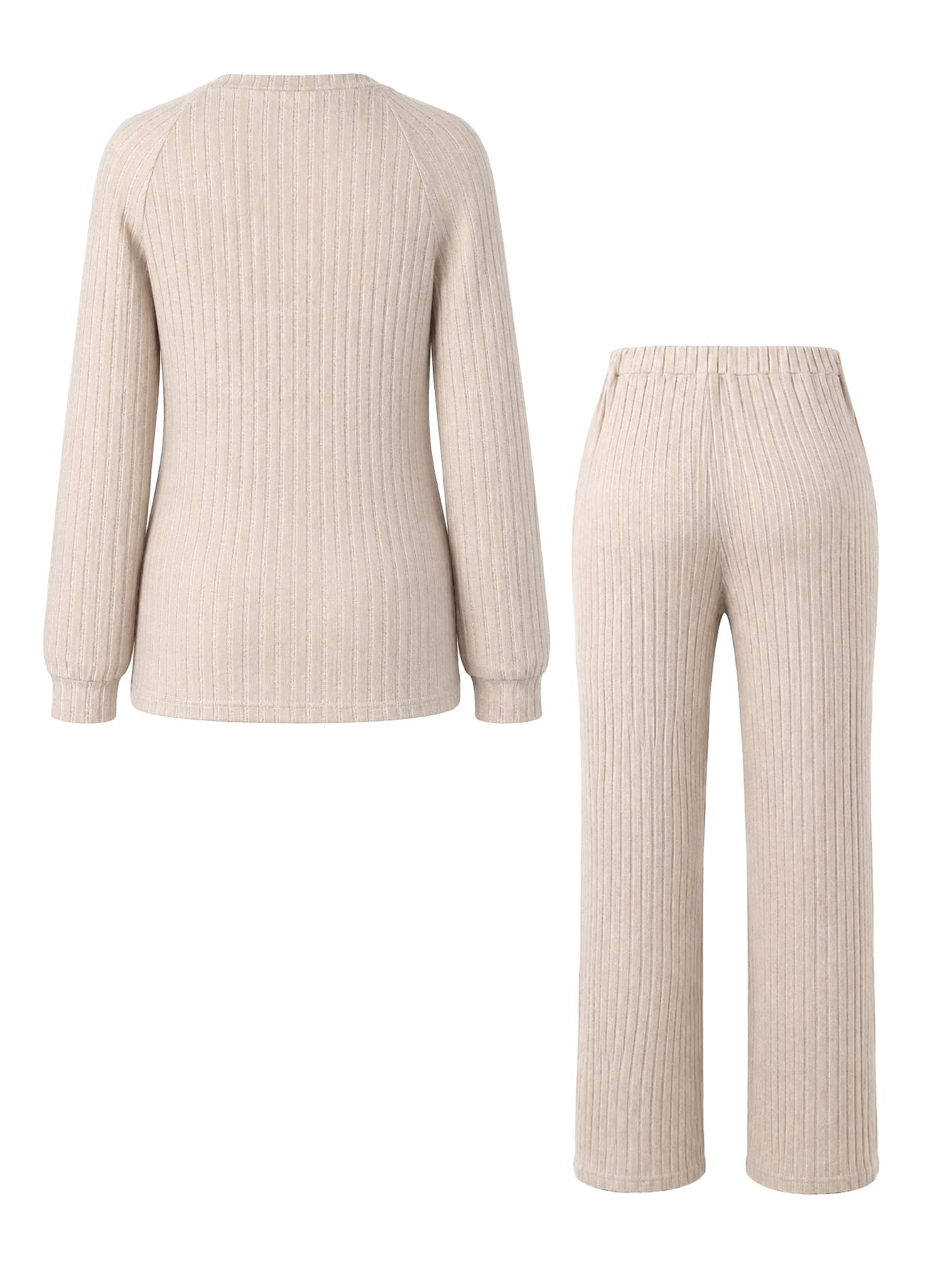 Conjunto Gestante Canelado Blusa Raglan com Botões no Ombro e Calça Reta com Bolsos - Bege