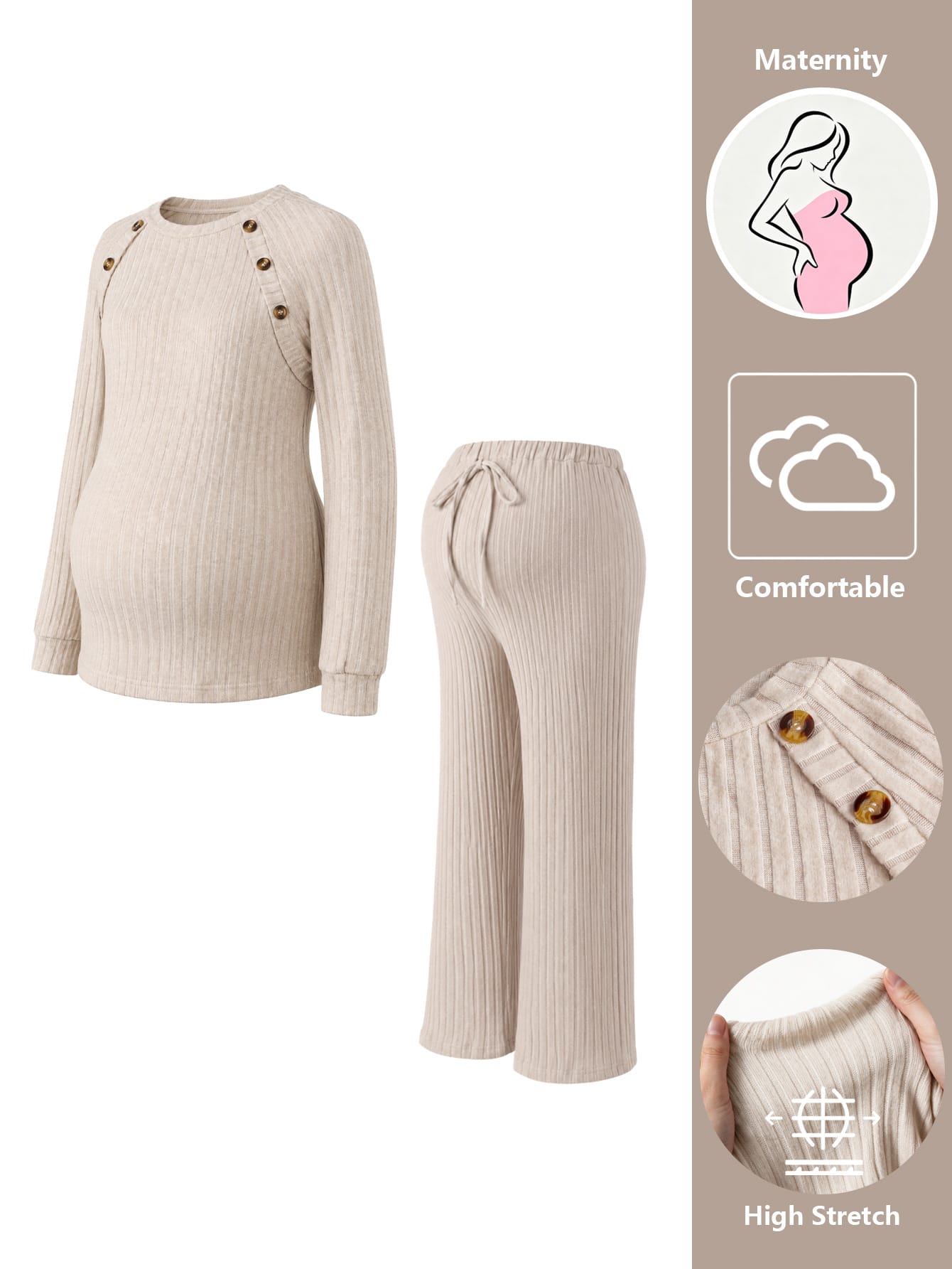 Conjunto Gestante Canelado Blusa Raglan com Botões no Ombro e Calça Reta com Bolsos - Bege