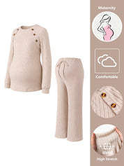 Conjunto Gestante Canelado Blusa Raglan com Botões no Ombro e Calça Reta com Bolsos - Bege