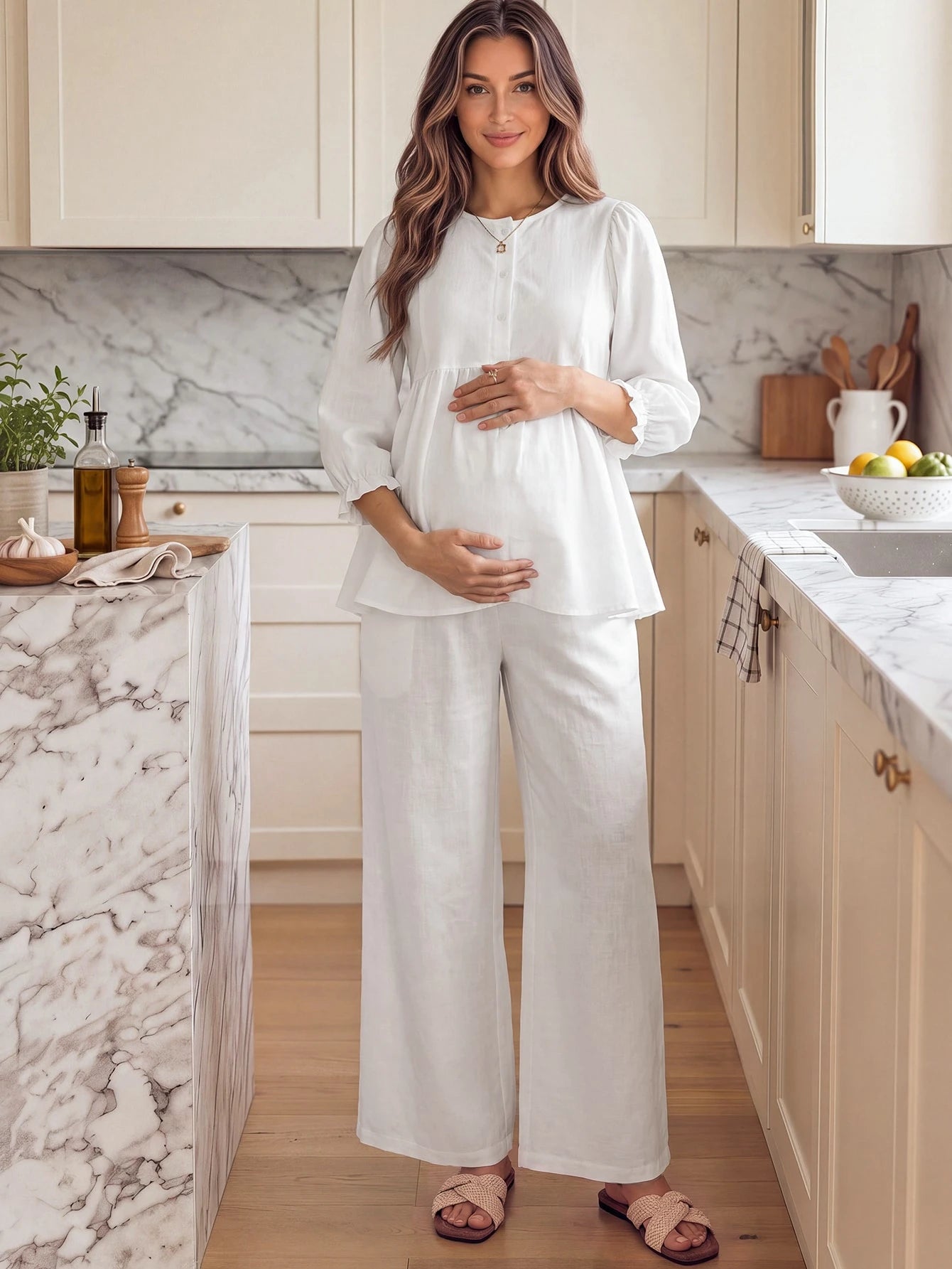 Conjunto Gestante de Algodão Blusa Manga 3/4 e Calça Pantalona - Branco