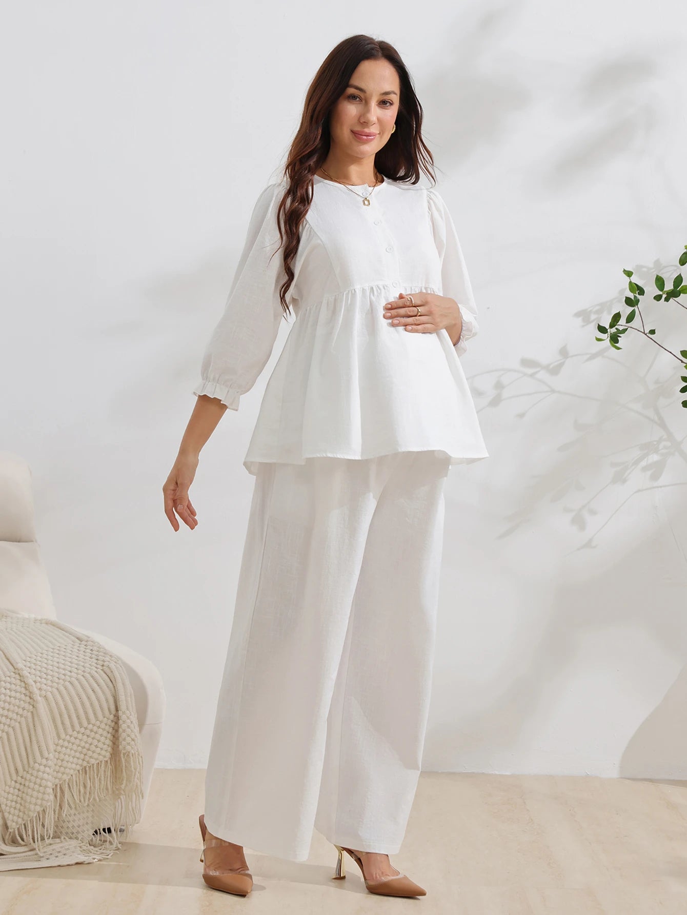Conjunto Gestante de Algodão Blusa Manga 3/4 e Calça Pantalona - Branco