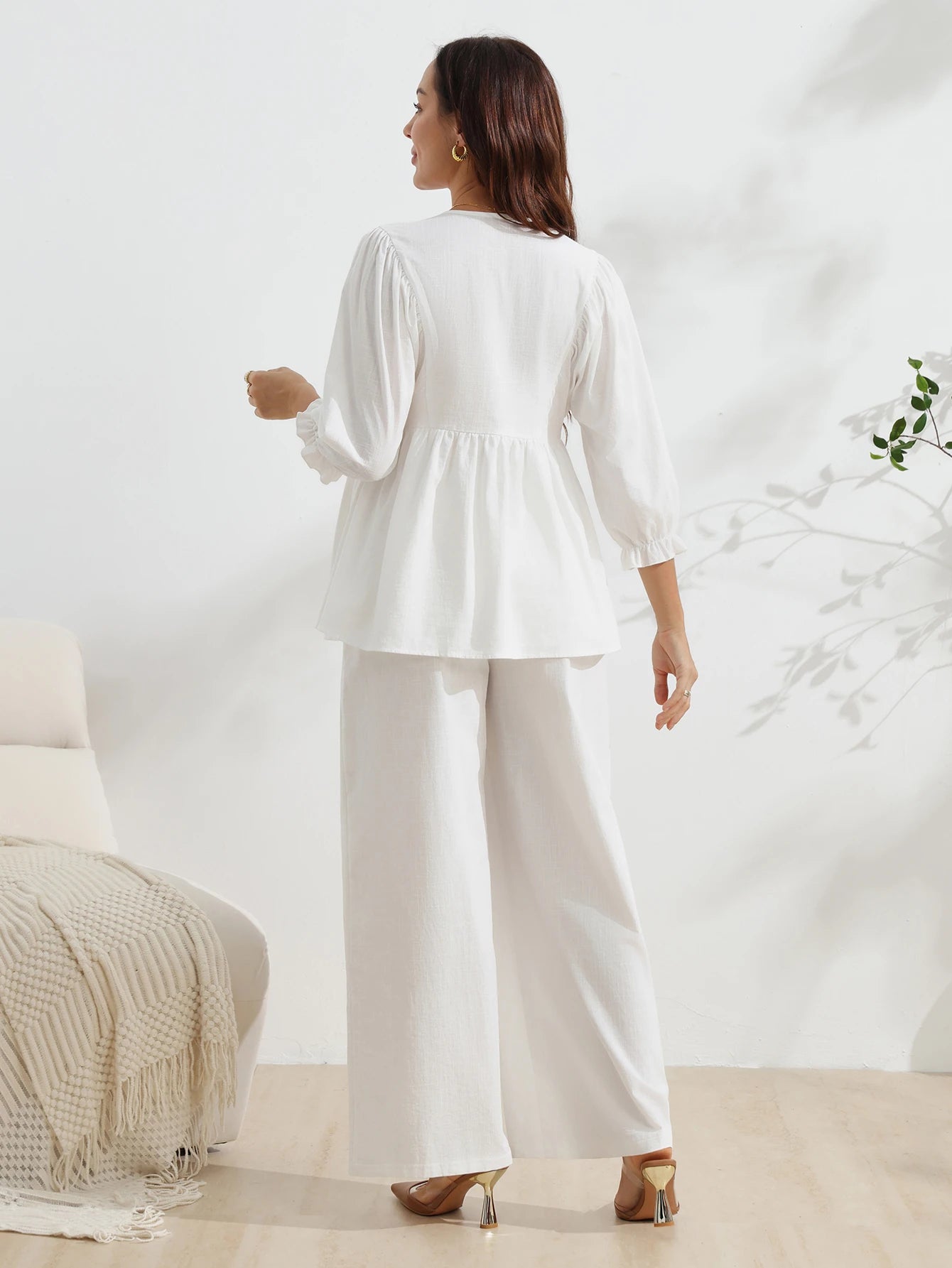 Conjunto Gestante de Algodão Blusa Manga 3/4 e Calça Pantalona - Branco