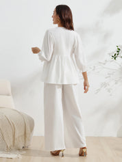 Conjunto Gestante de Algodão Blusa Manga 3/4 e Calça Pantalona - Branco
