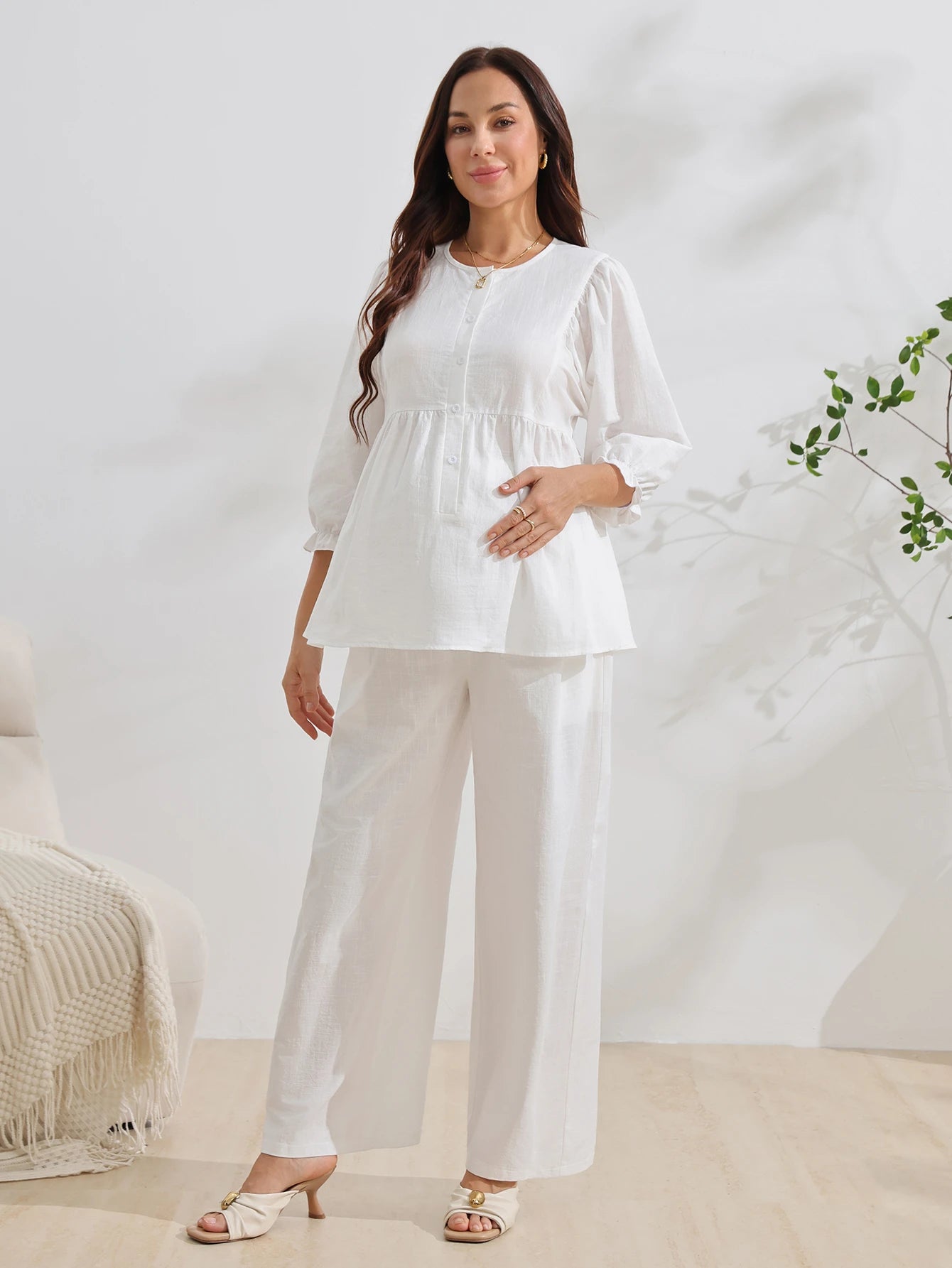Conjunto Gestante de Algodão Blusa Manga 3/4 e Calça Pantalona - Branco