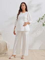 Conjunto Gestante de Algodão Blusa Manga 3/4 e Calça Pantalona - Branco