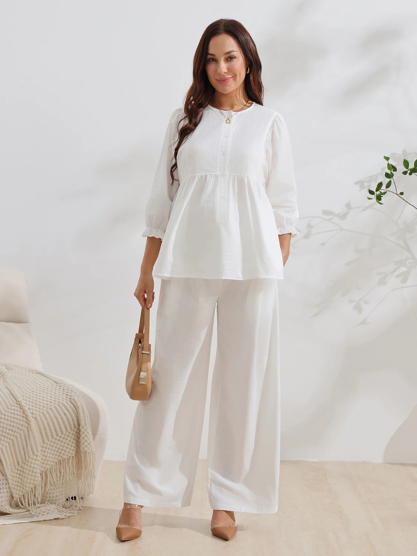 Conjunto Gestante de Algodão Blusa Manga 3/4 e Calça Pantalona - Branco