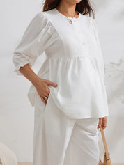 Conjunto Gestante de Algodão Blusa Manga 3/4 e Calça Pantalona - Branco