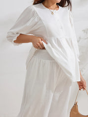 Conjunto Gestante de Algodão Blusa Manga 3/4 e Calça Pantalona - Branco