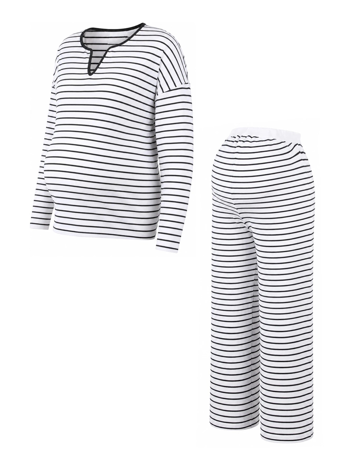Conjunto Gestante de Tricô Listrado Suéter e Calça - Branco e preto