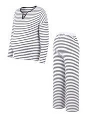 Conjunto Gestante de Tricô Listrado Suéter e Calça - Branco e preto