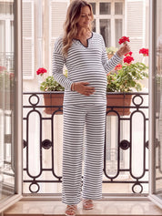 Conjunto Gestante de Tricô Listrado Suéter e Calça - Branco e preto