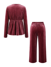 Conjunto Gestante de Veludo Blusa Transpassada Manga Longa e Calça Pantalona - Vinho