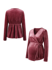 Conjunto Gestante de Veludo Blusa Transpassada Manga Longa e Calça Pantalona - Vinho
