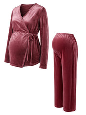 Conjunto Gestante de Veludo Blusa Transpassada Manga Longa e Calça Pantalona - Vinho