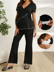 Conjunto Gestante e Amamentação Blusa Transpassada e Calça Flare - Preto