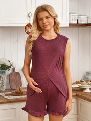 Conjunto Gestante e Amamentação Regata Transpassada e Shorts com Babado - Vinho