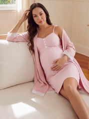Conjunto Gestante e Amamentação Robe com Renda e Camisola Listrada - Rosa