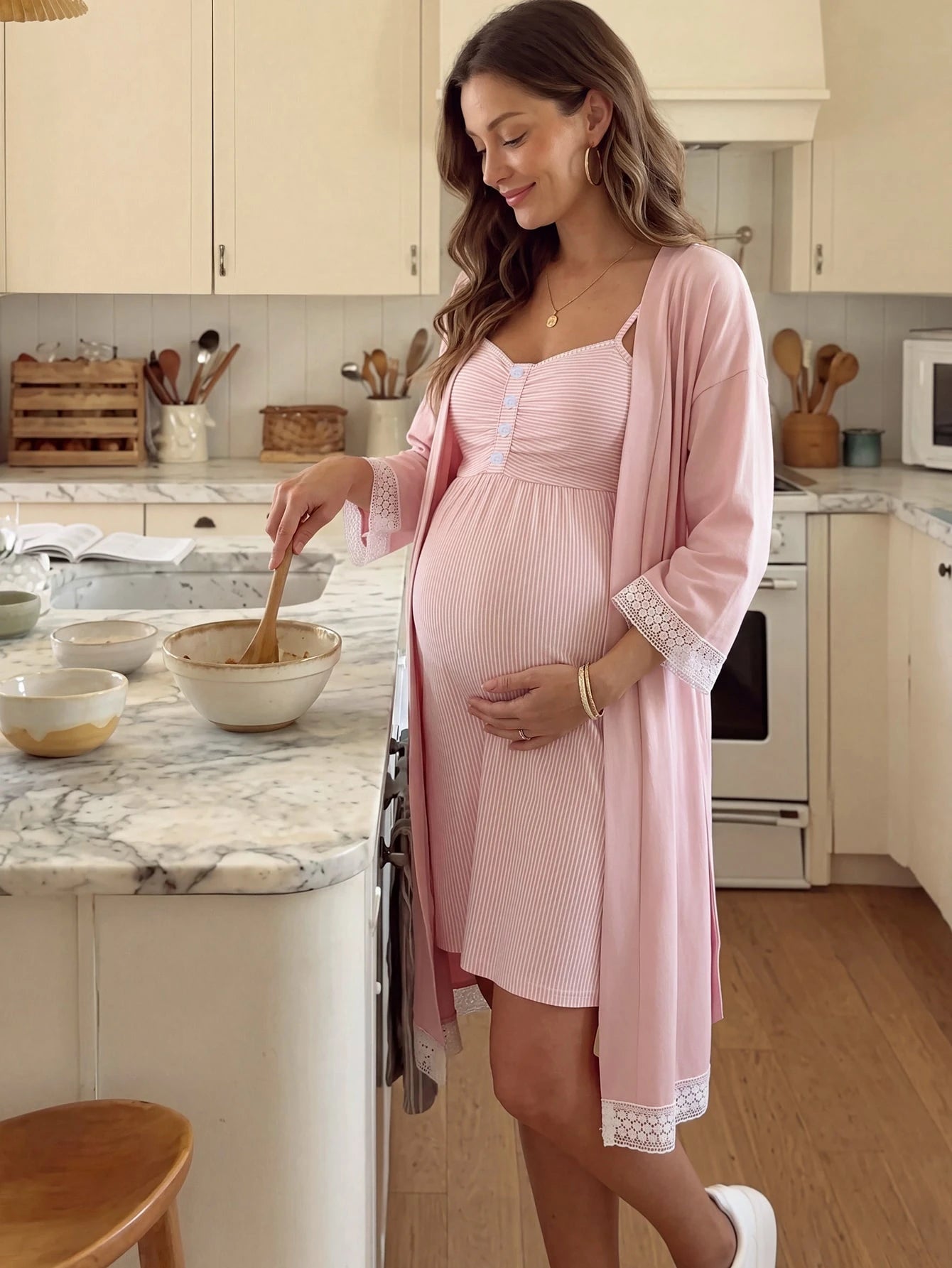 Conjunto Gestante e Amamentação Robe com Renda e Camisola Listrada - Rosa