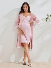 Conjunto Gestante e Amamentação Robe com Renda e Camisola Listrada - Rosa