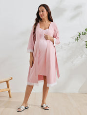 Conjunto Gestante e Amamentação Robe com Renda e Camisola Listrada - Rosa