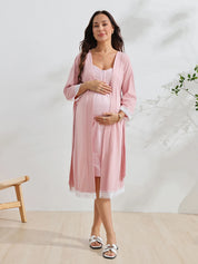 Conjunto Gestante e Amamentação Robe com Renda e Camisola Listrada - Rosa