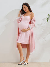 Conjunto Gestante e Amamentação Robe com Renda e Camisola Listrada - Rosa