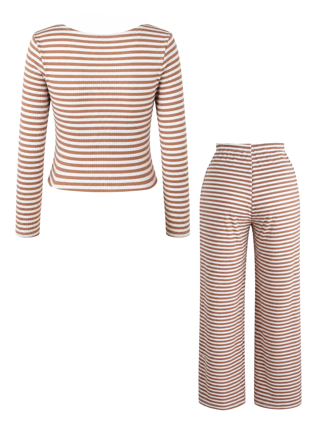 Conjunto Gestante Listrado Blusa Cropped Manga Longa e Calça Reta - Caqui e branco