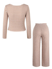 Conjunto Gestante Listrado Blusa Cropped Manga Longa e Calça Reta - Caqui e branco