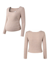 Conjunto Gestante Listrado Blusa Cropped Manga Longa e Calça Reta - Caqui e branco