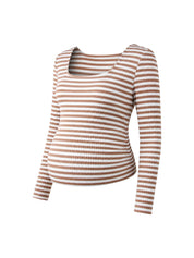 Conjunto Gestante Listrado Blusa Cropped Manga Longa e Calça Reta - Caqui e branco
