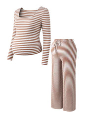 Conjunto Gestante Listrado Blusa Cropped Manga Longa e Calça Reta - Caqui e branco