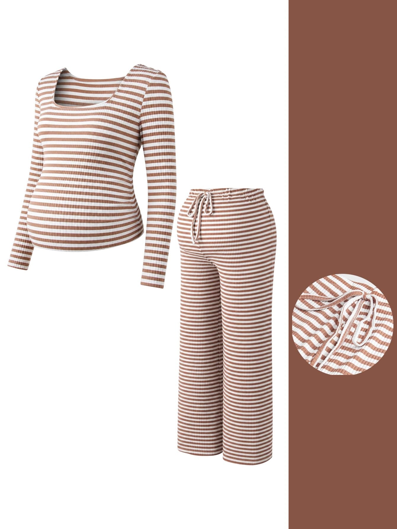 Conjunto Gestante Listrado Blusa Cropped Manga Longa e Calça Reta - Caqui e branco