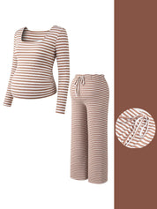 Conjunto Gestante Listrado Blusa Cropped Manga Longa e Calça Reta - Caqui e branco