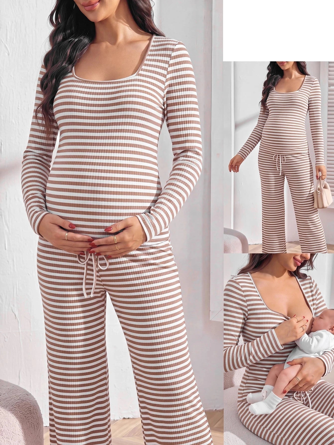 Conjunto Gestante Listrado Blusa Cropped Manga Longa e Calça Reta - Caqui e branco