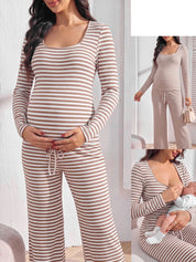 Conjunto Gestante Listrado Blusa Cropped Manga Longa e Calça Reta - Caqui e branco