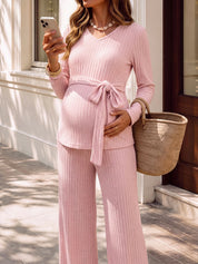 Conjunto Gestante Rosa de Tricô Blusa Decote V com Faixa e Calça - Rosa claro