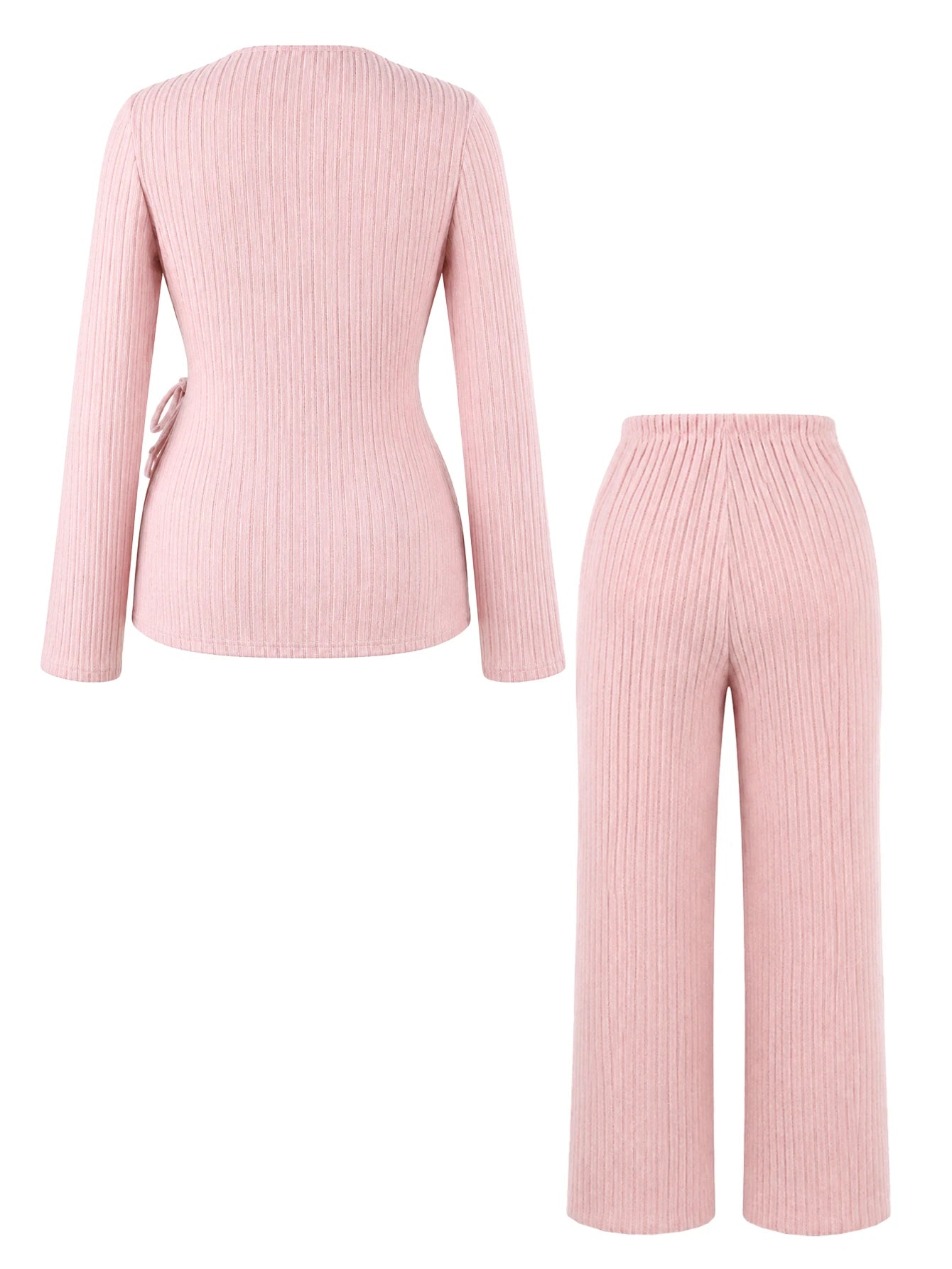 Conjunto Gestante Rosa de Tricô Blusa Decote V com Faixa e Calça - Rosa claro