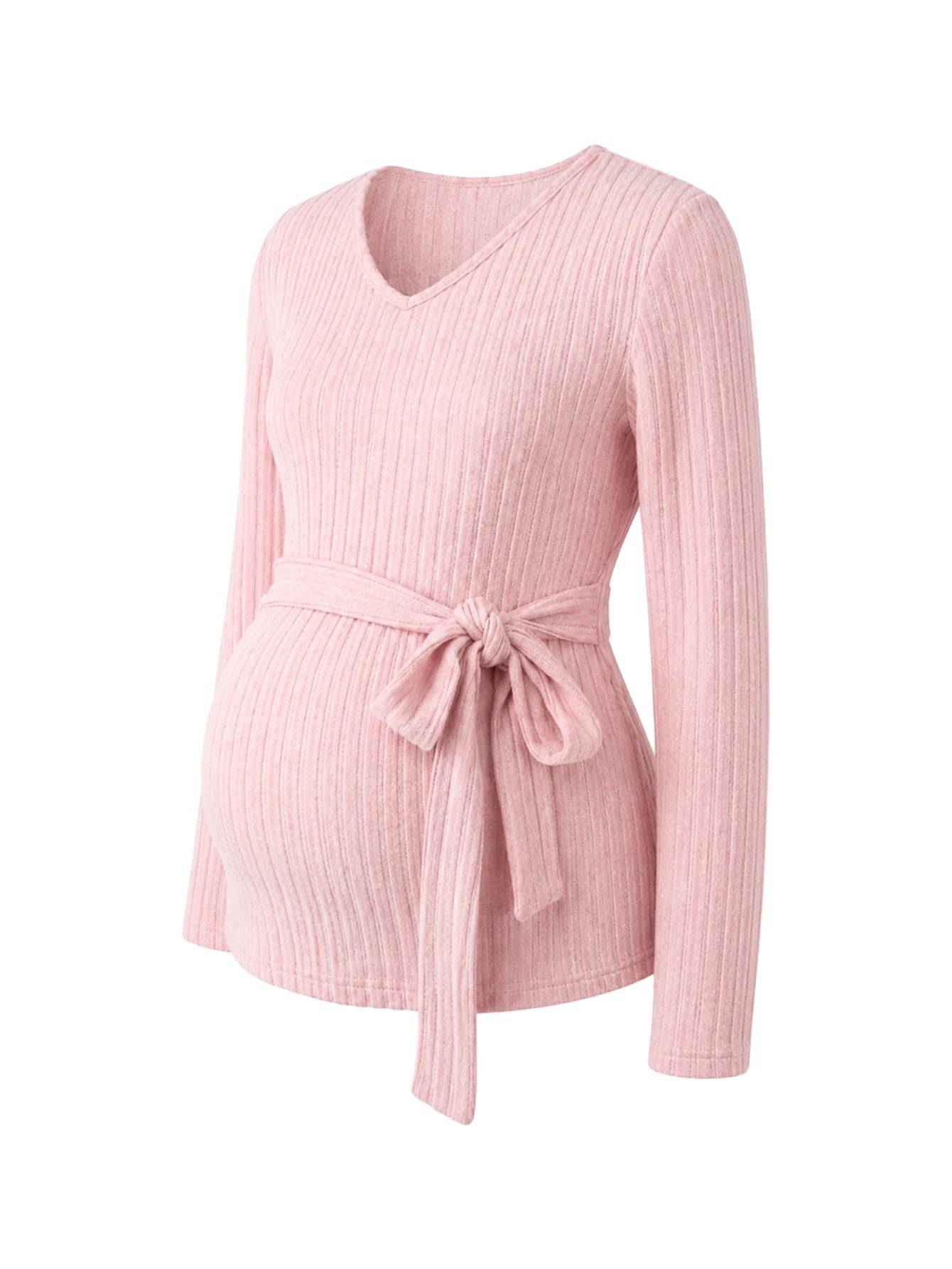Conjunto Gestante Rosa de Tricô Blusa Decote V com Faixa e Calça - Rosa claro