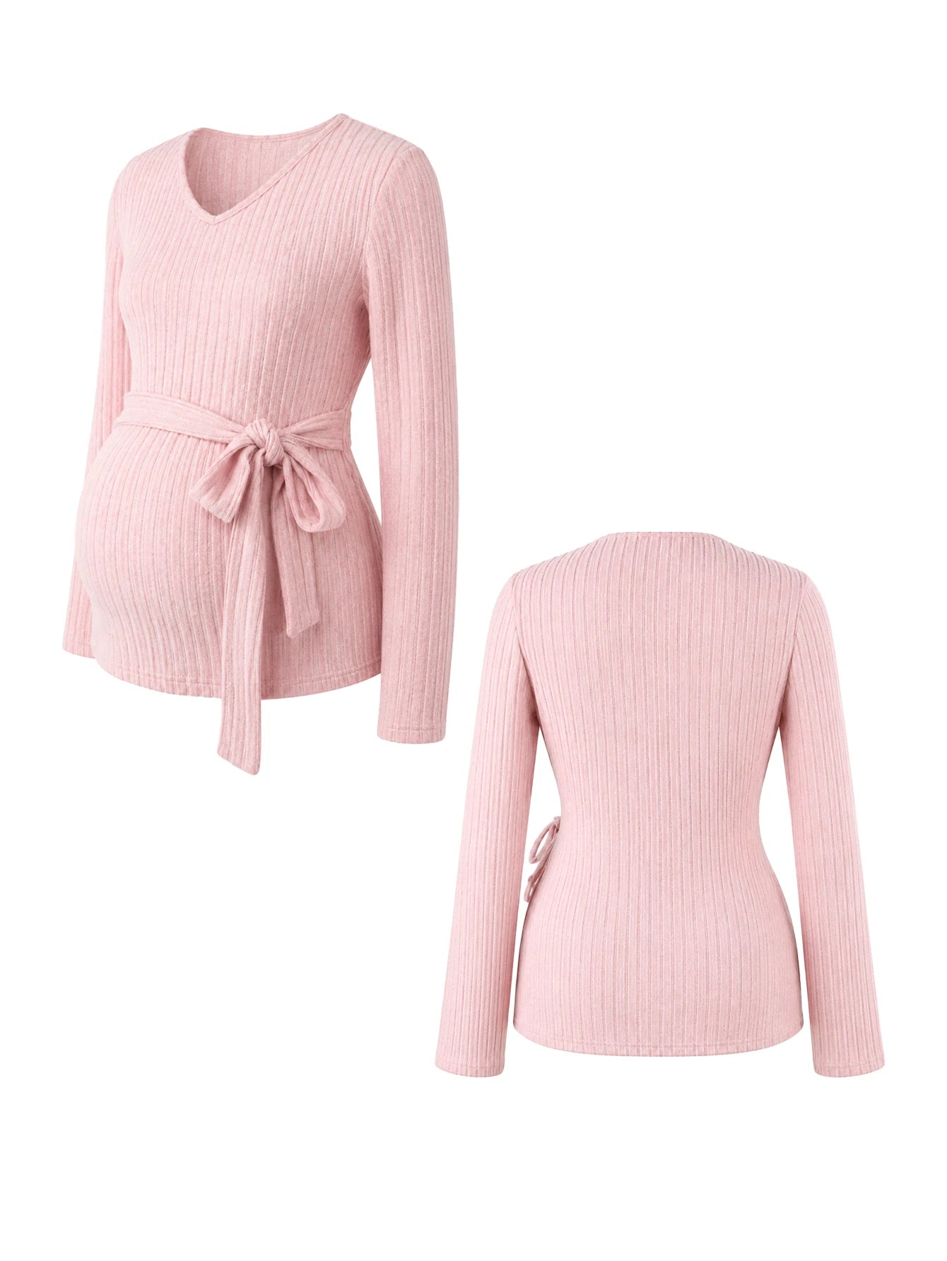 Conjunto Gestante Rosa de Tricô Blusa Decote V com Faixa e Calça - Rosa claro