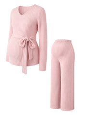 Conjunto Gestante Rosa de Tricô Blusa Decote V com Faixa e Calça - Rosa claro