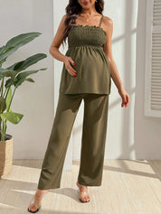 Conjunto Gestante Top Lastex de Alças e Calça Reta Verde Militar - Verde militar
