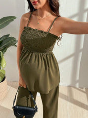Conjunto Gestante Top Lastex de Alças e Calça Reta Verde Militar - Verde militar