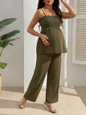Conjunto Gestante Top Lastex de Alças e Calça Reta Verde Militar - Verde militar