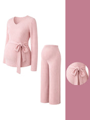 Conjunto Gestante Rosa de Tricô Blusa Decote V com Faixa e Calça - Rosa claro