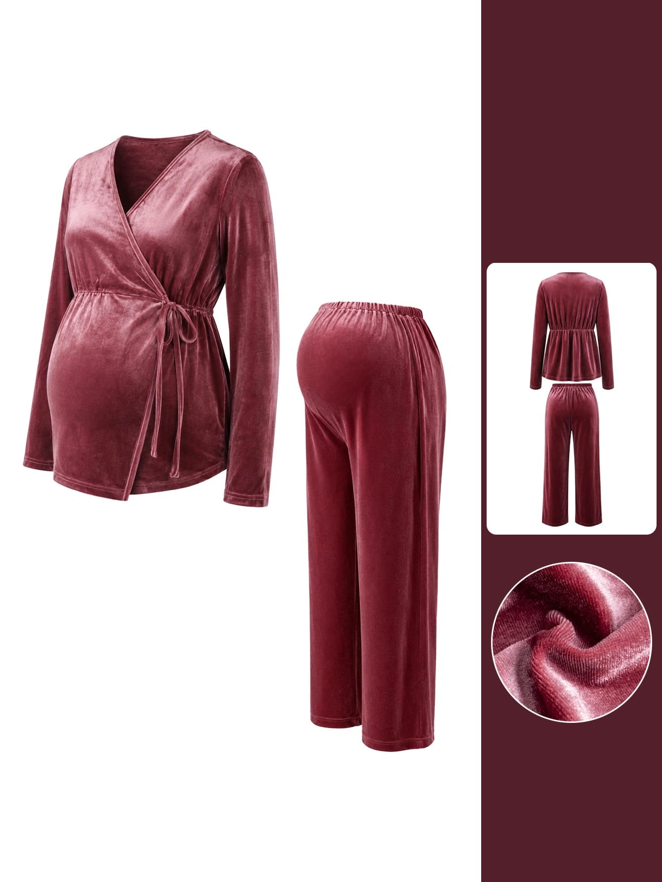 Conjunto Gestante de Veludo Blusa Transpassada Manga Longa e Calça Pantalona - Vinho